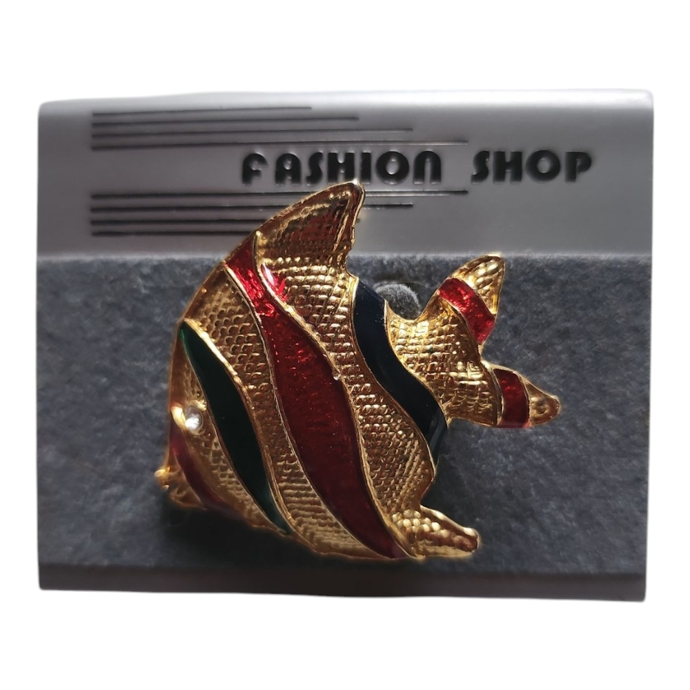 Goldtone and Red Fish Brooch